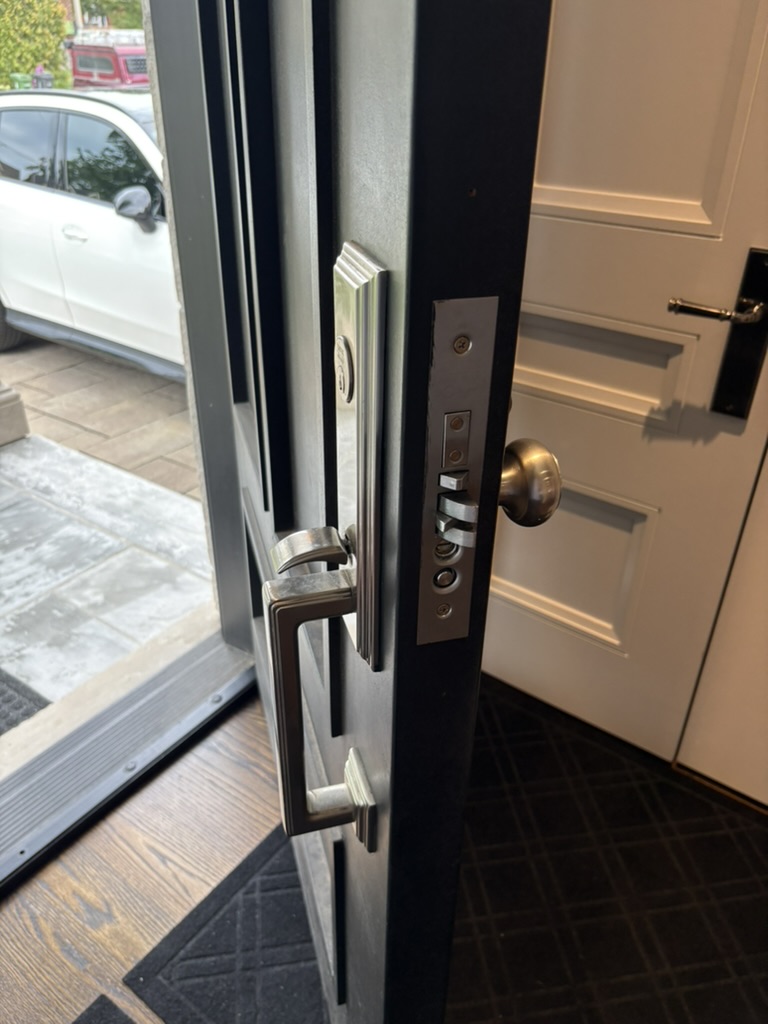Multipoint door lock hardware close-up